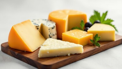 Elegant cheese platter, various cheeses, white backdrop , delicious, selection, variety