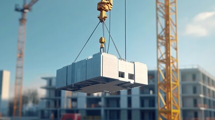 Smart crane lifts prefabricated buildings at construction site urban setting high-resolution image aerial view