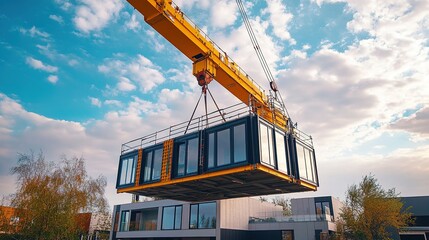 Aerial view of smart crane lifting prefabricated modules innovative construction technology in gigapixel quality