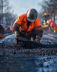 Road worker inspecting asphalt mix on city street