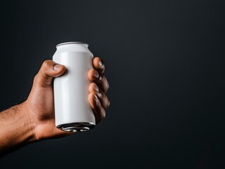 Hand Holding Blank White Aluminum Can Against Dark Grey Background