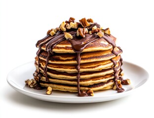Stack of chocolate-drizzled pancakes topped with pecans