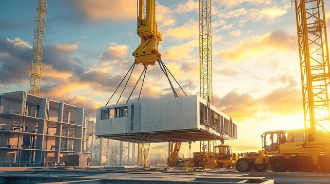 Smart crane lifts prefabricated building materials at construction site urban setting action shot sunset background