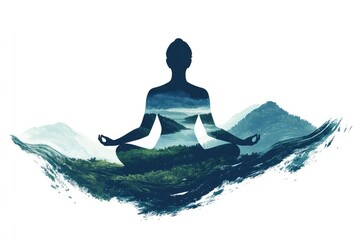 Watercolor silhouette of woman meditating in lotus position with natural landscape double exposure effect, symbolizing mindfulness, peace, spiritual harmony, and connection with nature.