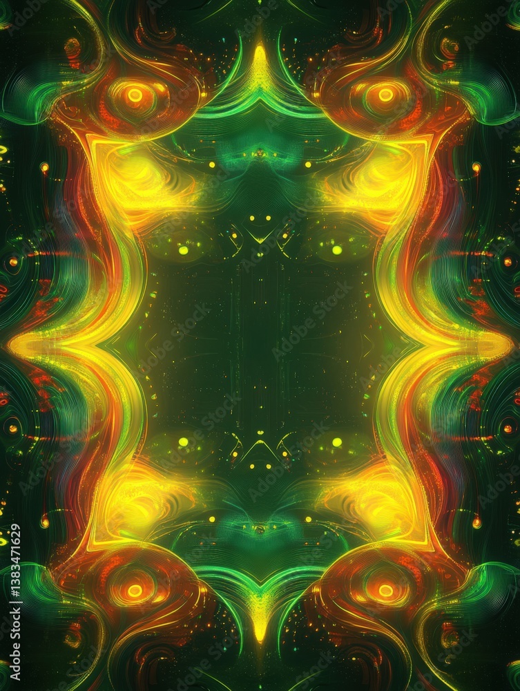 Poster vibrant abstract fractal pattern with glowing swirls and symmetrical design, representing energy and