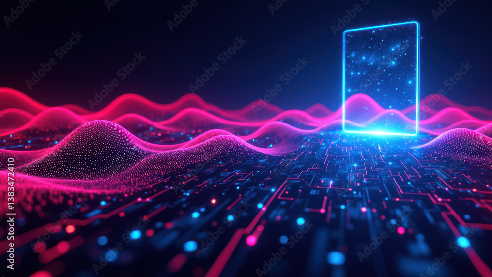Poster cybersecurity and technology concept with circuit board texture and abstract blue lights.