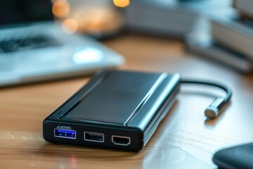 Portable power bank on a wooden desk next to a laptop during a cozy indoor work session
