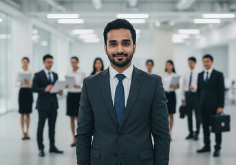 A confident young businessman leading a successful team in a modern office building with soft, bright lighting and a shallow depth of field.