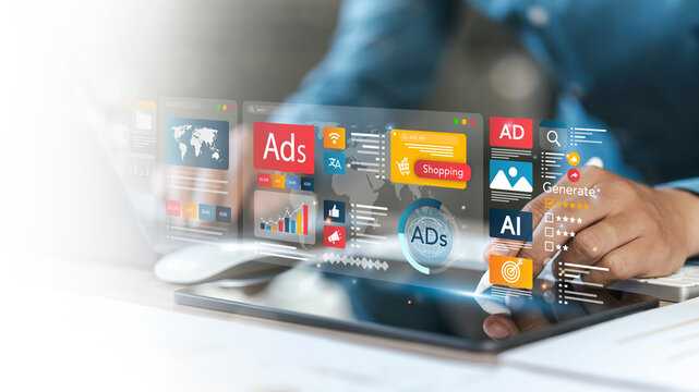 Businessman doing digital marketing and online advertising to target customers. Online sales concept of digital marketing, ad, product ads, promotion of products or services through digital tools.