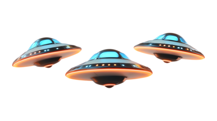 Three cartoon style flying saucer UFO toys hover together ready for futuristic alien invasion marketing copy space.