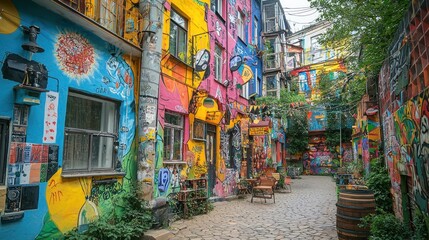 Fototapeta premium Colorful alleyway with vibrant graffiti art on buildings.