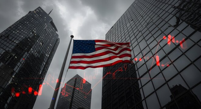 A dramatic view of a financial district skyscraper with the american flag and a stock chart overlay, highlighting financial instability.