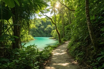 Obraz premium Tropical Island Lush green pathway leading to a tranquil blue water body in a dense forest setting.
