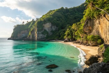 Tropical Island Serene beach with turquoise water, rocky cliffs, and lush greenery under a cloudy sky.
