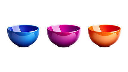 Three brightly colored, glossy ceramic bowls are aligned horizontally and isolated on a clean transparent background for product use.