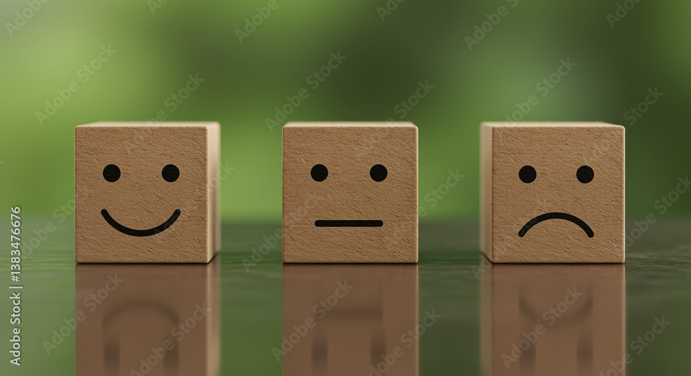 Poster emotion blocks with happy neutral and sad faces. three wooden blocks displaying different emotions o