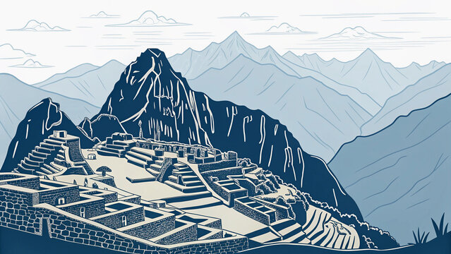 Vector-style outline of Machu Picchu ruins generative ai