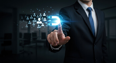 Obraz premium Attract Customers: Businessman Magnetizing Clients. Digital Marketing, Lead Generation Strategy. Grow Your Business with Powerful Concepts