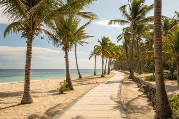 Tropical Island Tropical beach path lined with palm trees under a clear sky.