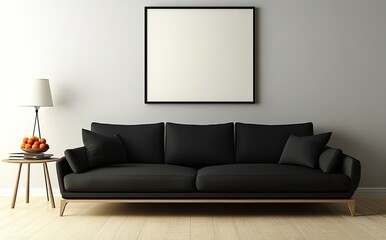 a modern living room interior with a black sofa, coffee table, and lamp on a grey wall background with two blank poster frames for your design or artwork