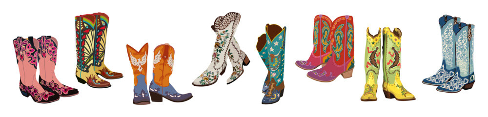 Collection of different cowgirl boots. Traditional western cowboy boots decorated with embroidered wild west ornament. Realistic vector art illustrations isolated on white background