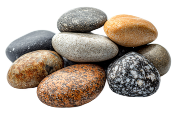 Balanced river pebbles isolated on transparent background, smooth natural stones cut out for spa decoration and mindfulness concept imagery