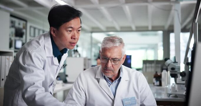 Computer, research and science with people in laboratory together for collaboration or discussion. Healthcare, innovation and medical analysis with men at work on science breakthrough for discovery