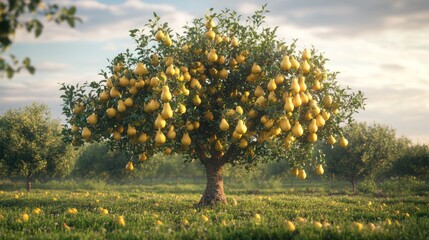Fototapeta premium Abundant pear tree orchard sunset harvest