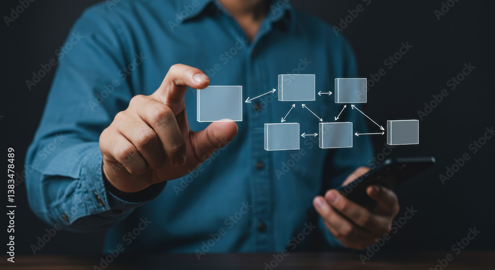 Poster interactive workflow: man shaping strategy with digital flowchart on mobile, business planning & pro