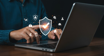  Data Protection: Shield Icon, Secure Network, & Cybersecurity on Laptop. Protect Info, Home, Travel, & Privacy Online!