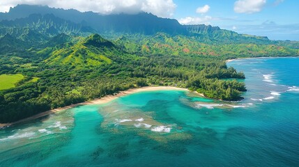 Aerial view of a secluded beach with turquoise water, lush green mountains, and a sandy shore.