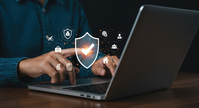  Data Protection: Shield Icon, Secure Network, & Cybersecurity on Laptop. Protect Info, Home, Travel, & Privacy Online!