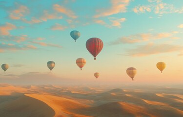 Colorful hot air balloons float over golden desert dunes at sunrise, creating a stunning view in warm tones and peaceful surroundings
