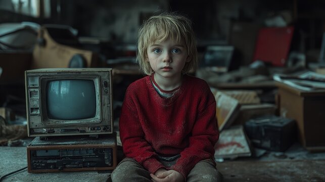 Young child sitting in messy room with old television set