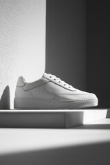 Trendy sneaker on steps with geometric background. Stylish fashion concept in minimalist style