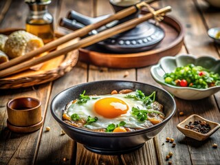 Double exposure showcases a vibrant Asian-inspired pan-fried egg breakfast; a delightful morning feast.