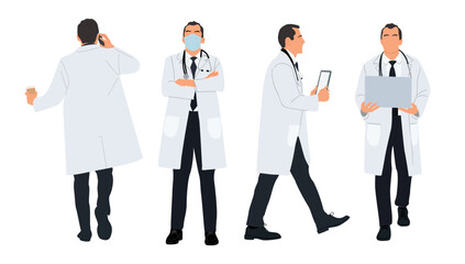 Male doctor character set with different poses, views full length. Confident healthcare professional wearing lab coat, mask, stethoscope, holding tablet, laptop, phone. Vector illustration isolated. © Creative_Juice_Art