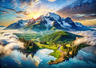 Obraz premium Dramatic Alaska land map: double exposure artistry combines aerial views and geographic points for captivating imagery.