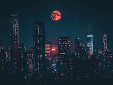 Eerie cityscape with a blood moon rising over the skyline, symbolizing mystery and urban life. Perfect for horror movie posters, thriller book covers, and atmospheric backgrounds.