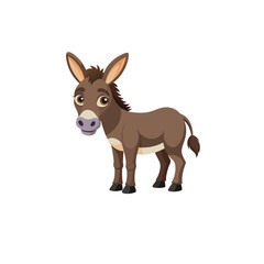 Cartoon illustration of a cute brown donkey with a smile, isolated on a white background, in a fun and simple style, perfect for kids and animal lovers