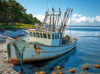 Abandoned Fishing Boat On Rocky Beach,Maine Coastline,Blue Sky And Sea