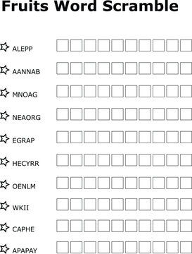 A printable fruit word scramble worksheet featuring jumbled fruit names. Solve the anagrams to reveal the fruits. Great for kids and educational activities.
