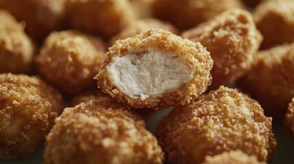 Golden Fried Chicken Nuggets Pile, One Open to Show White Meat Close-up