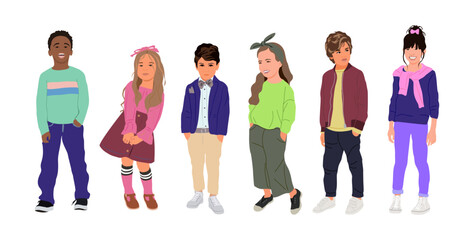 Obraz premium Set of different Kids flat vector realistic illustrations. Multiracial group of children in modern casual clothing. Modern elementary, middle school students, kindergarten pupils cartoon characters.