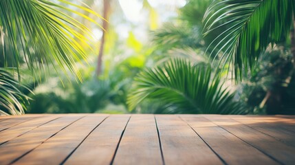 Rustic wood deck with vibrant tropical leaves in soft-focus background, bright morning light generative ai