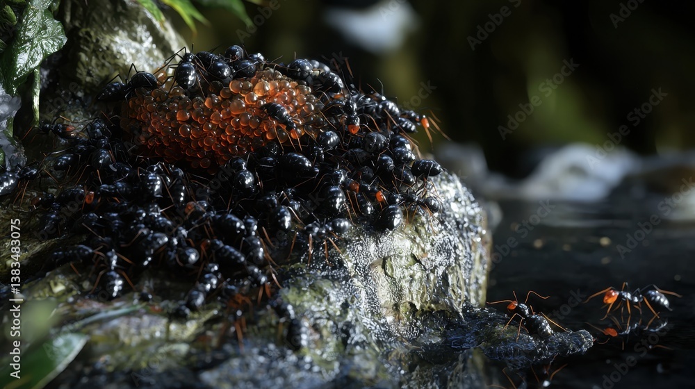 Fototapete ultra-realistic 3d rendering of an ant nest ecosystem, showing foraging ants bringing food, larval d