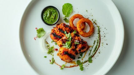Tandoori Chicken Delight: A culinary masterpiece showcasing succulent, grilled tandoori chicken, complemented by vibrant accompaniments, all artfully arranged on a pristine plate.