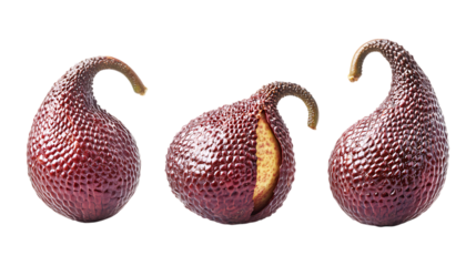 Three strangely textured maroon seed pods with curled tips are creatively displayed against a clean transparent background for design.