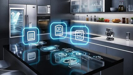 Smart Kitchen Technology: Futuristic interface integrating advanced features and appliance control