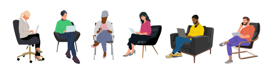 Group of business people sitting and taking part in meeting, business event. Diverse of female and male characters in modern business outfits. Cartoon vector realistic illustration isolated